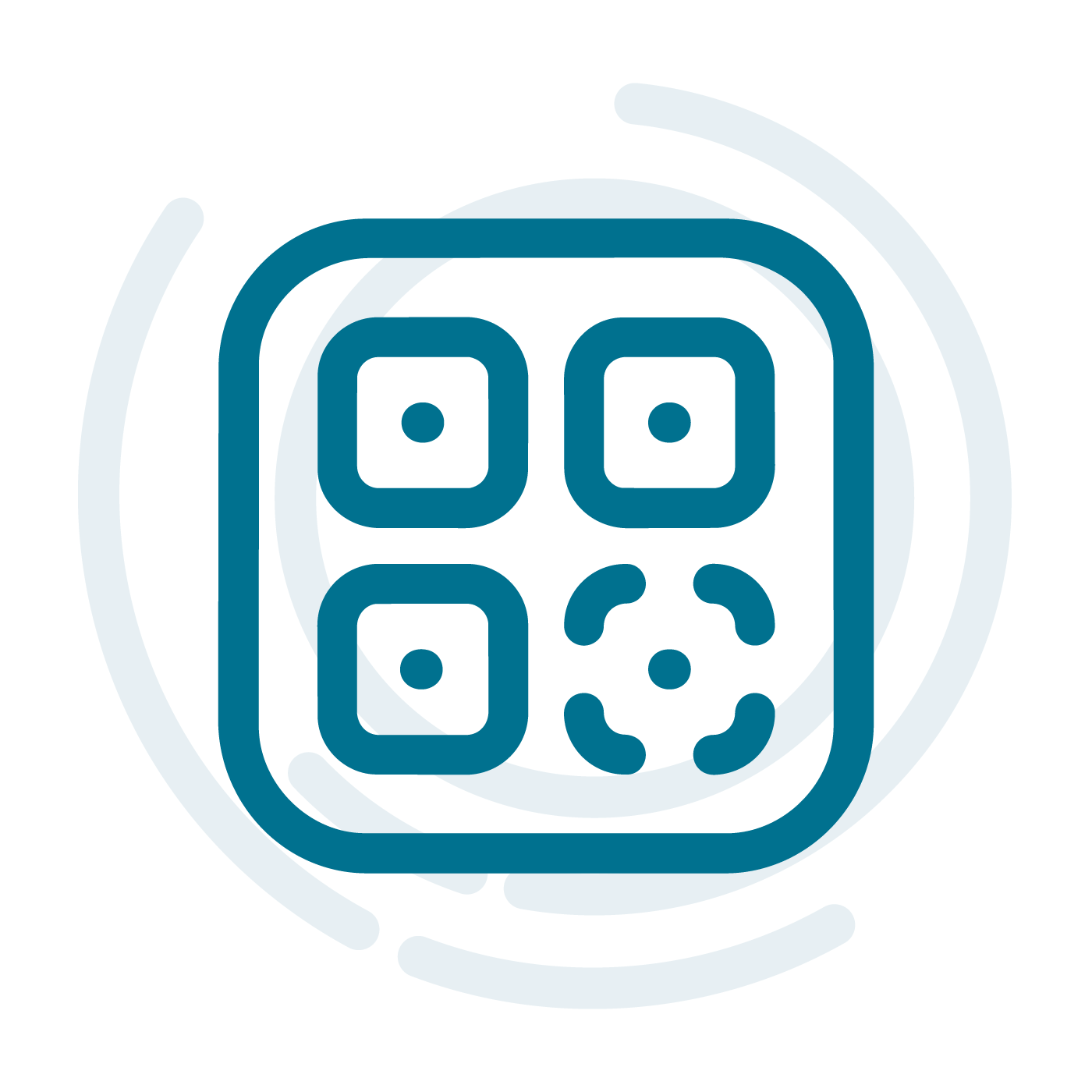 Abstract logo: a rounded-square grid with four inner squares and dots, over overlapping circular swirls.